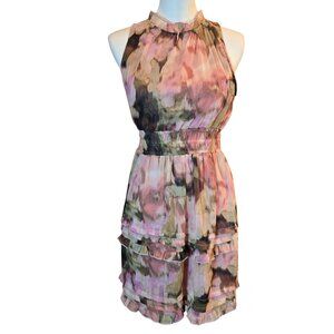 NICOLE MILLER Women Ruffled Metallic Threaded Smocked Waist Dress Sz: S Floral